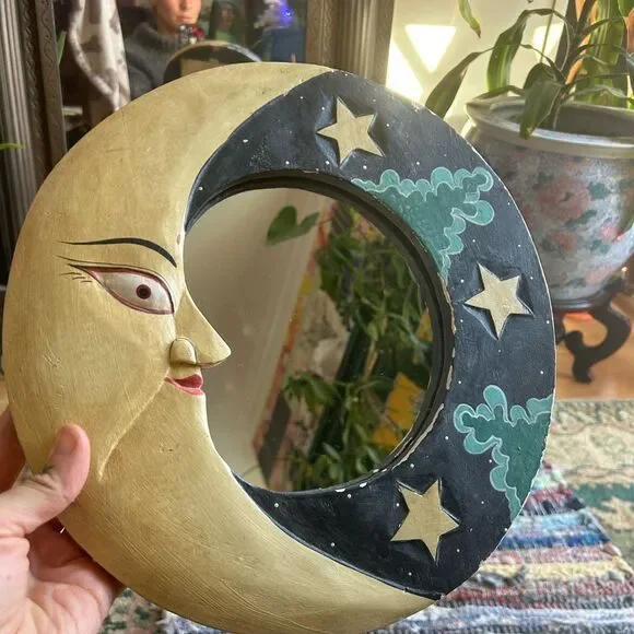 Vintage 90s 11.5" Handcarved Celestial Moon Stars Wall Mirror Indonesia Whimsy - Picture 13 of 16